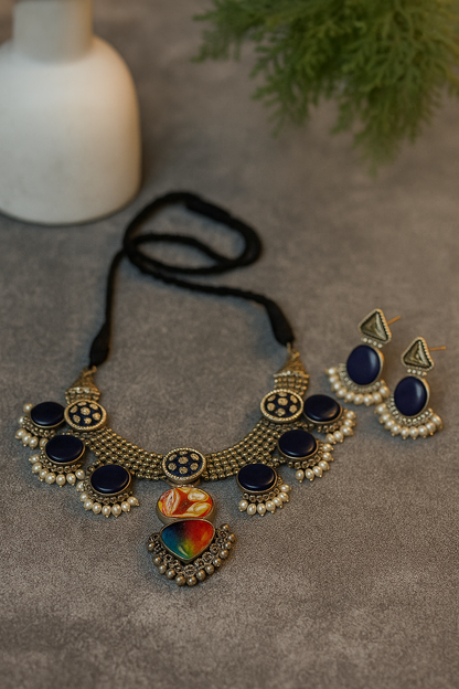 Gold-Toned Blue Stone Necklace Set