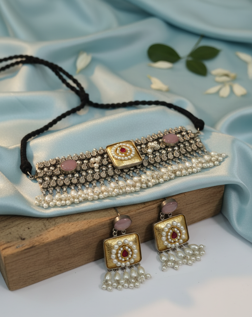 Luxury Pearl & Stone Choker Necklace Set