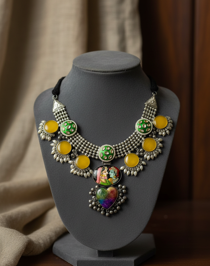 Silver-Toned Yellow & Green Stone Necklace Set