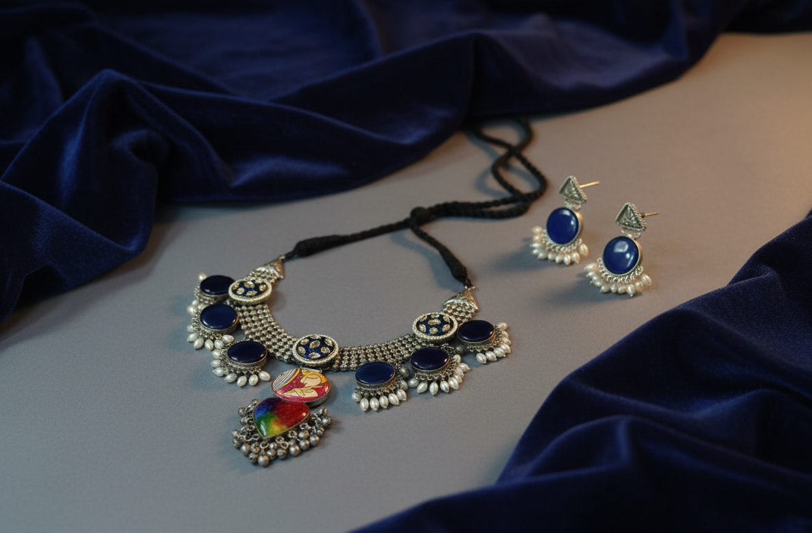 Gold-Toned Blue Stone Necklace Set