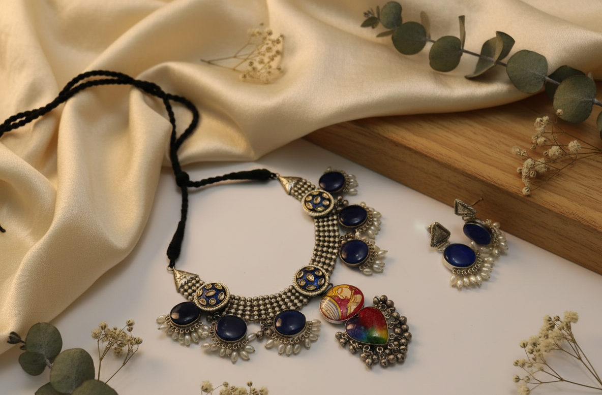 Gold-Toned Blue Stone Necklace Set