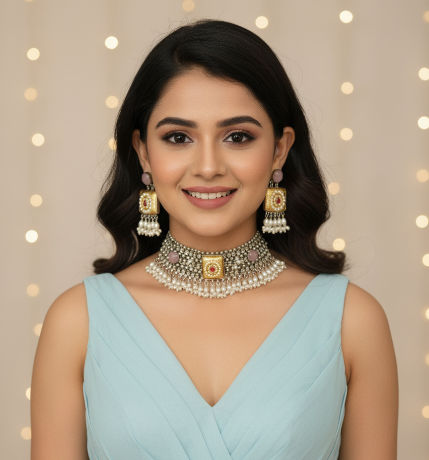 Luxury Pearl & Stone Choker Necklace Set with Statement Earrings