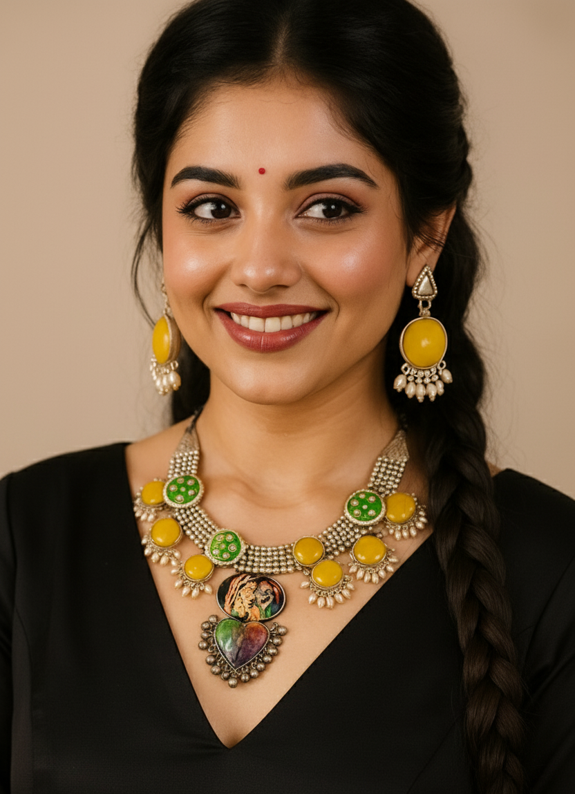 Antique Silver-Toned Yellow & Green Stone Necklace Set with Artistic