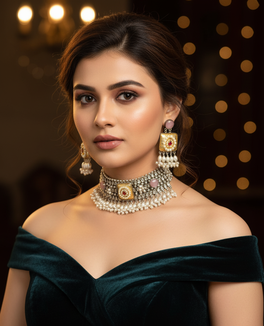 Luxury Pearl & Stone Choker Necklace Set