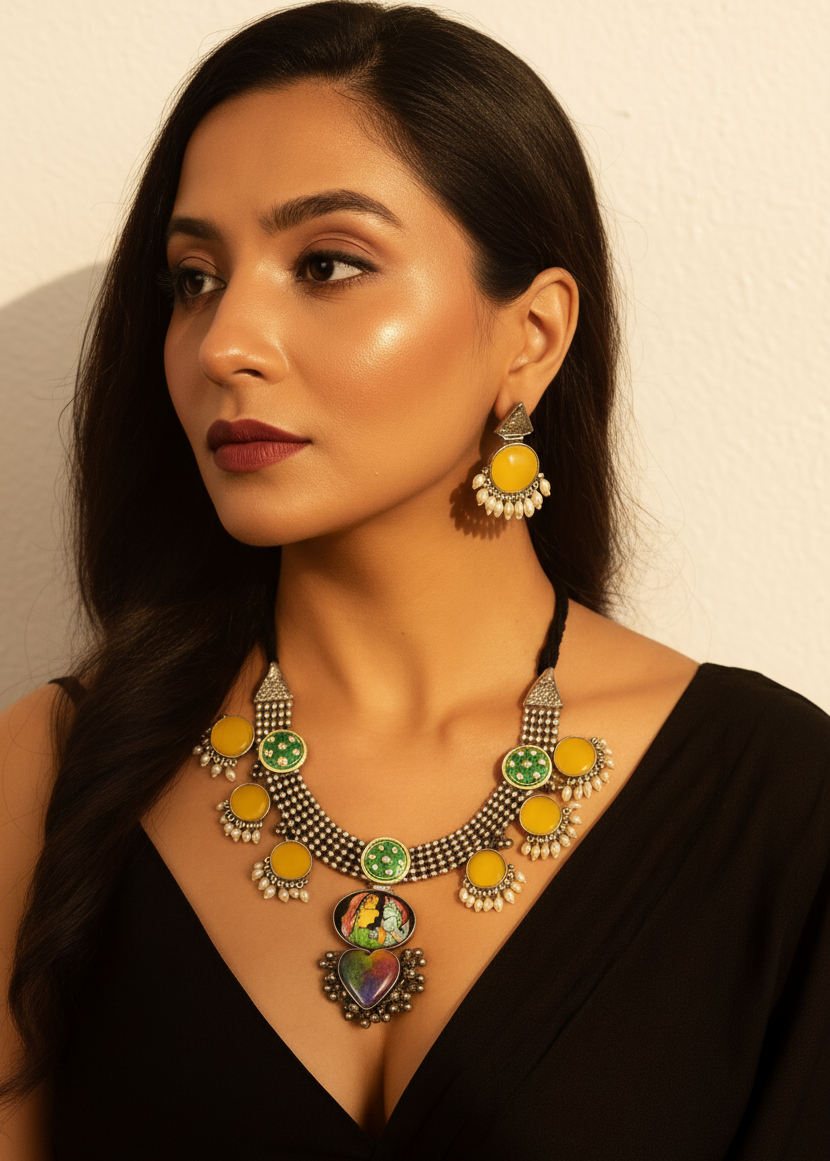 Silver-Toned Yellow & Green Stone Necklace Set