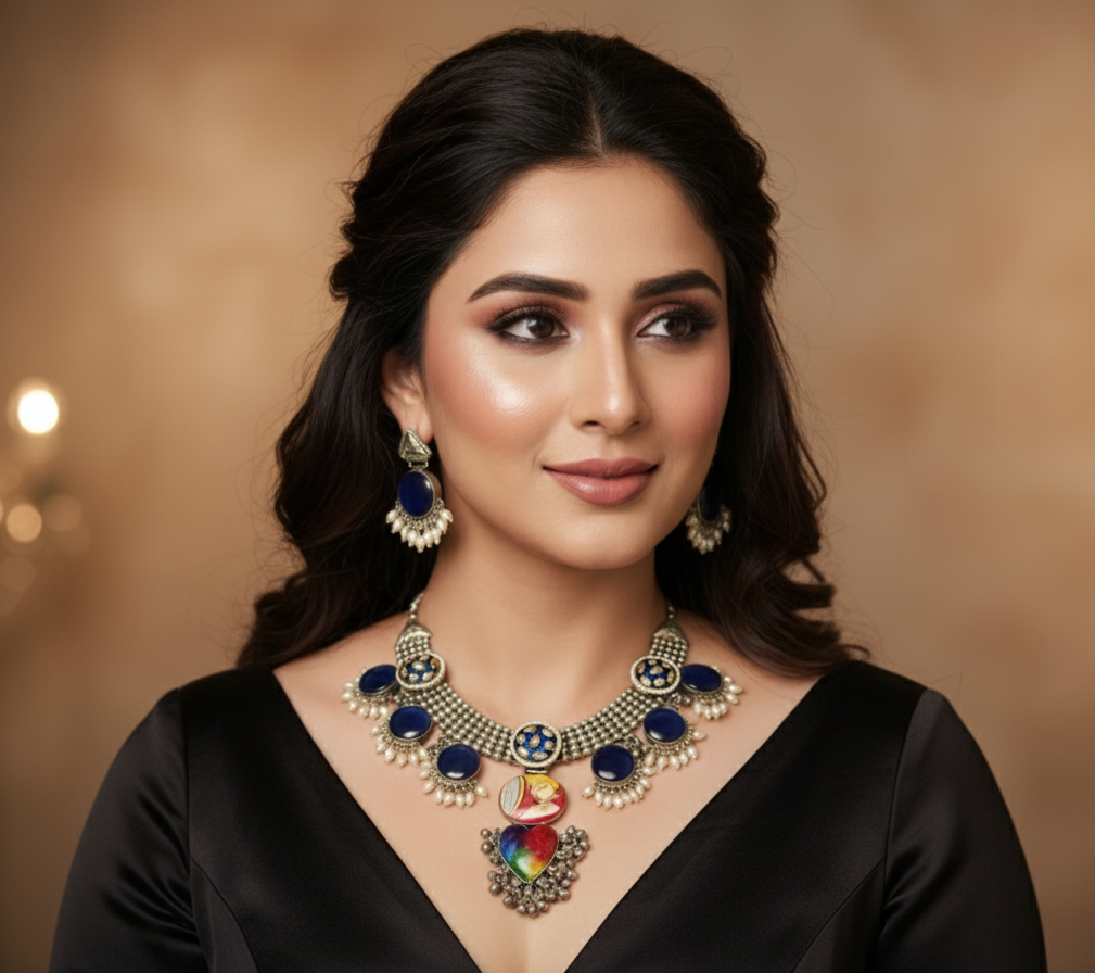 Antique Gold-Toned Blue Stone Necklace Set with Multicolor Pendant & Earrings