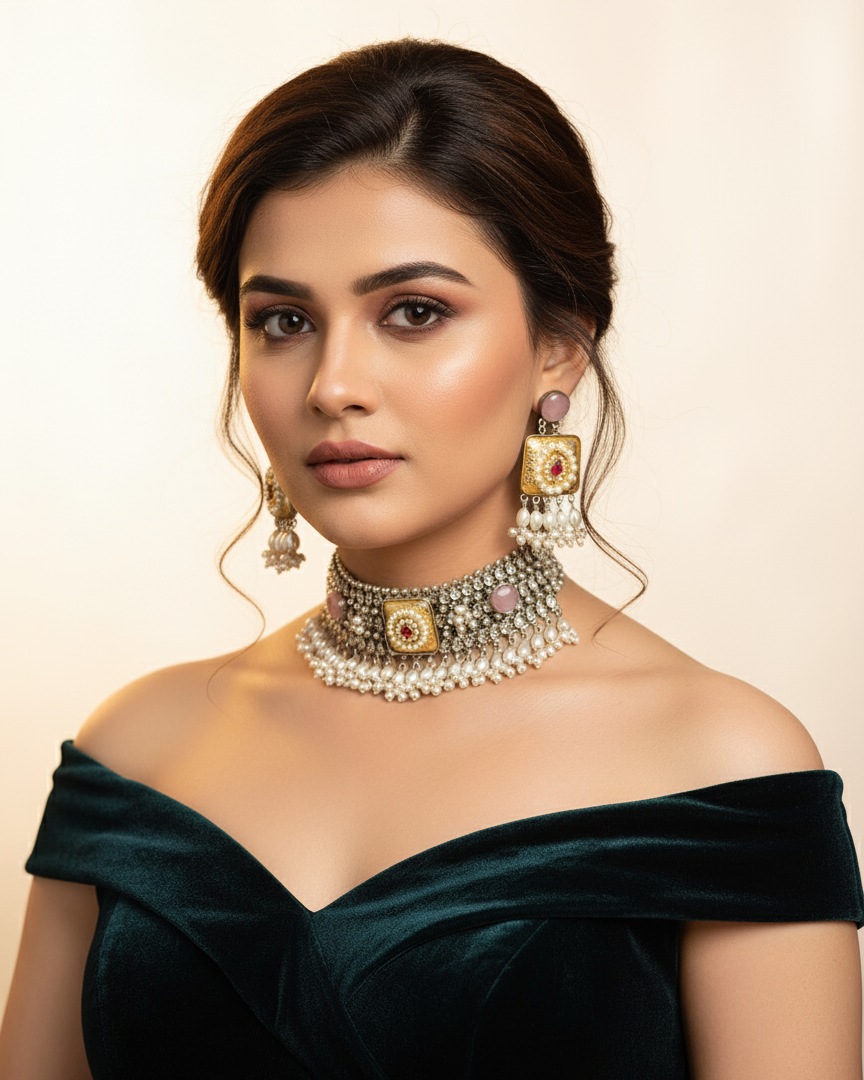 Luxury Pearl & Stone Choker Necklace Set