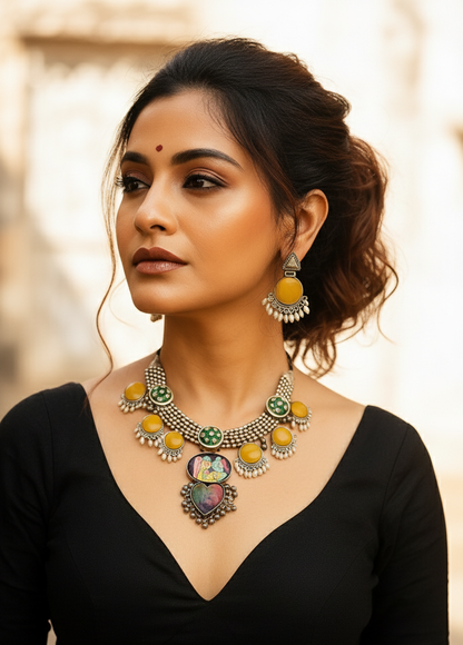 Silver-Toned Yellow & Green Stone Necklace Set