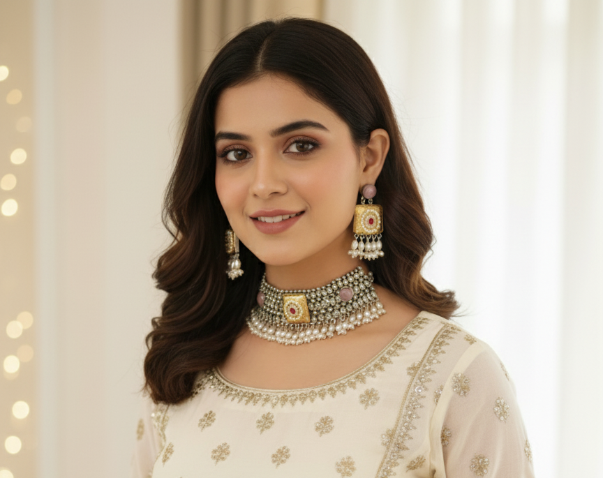 Luxury Pearl & Stone Choker Necklace Set