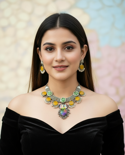 Silver-Toned Yellow & Green Stone Necklace Set