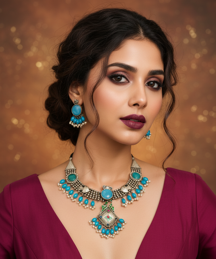 Antique Silver-Toned Turquoise Beaded Necklace Set with Earrings