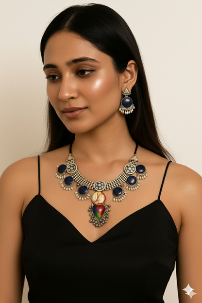 Gold-Toned Blue Stone Necklace Set