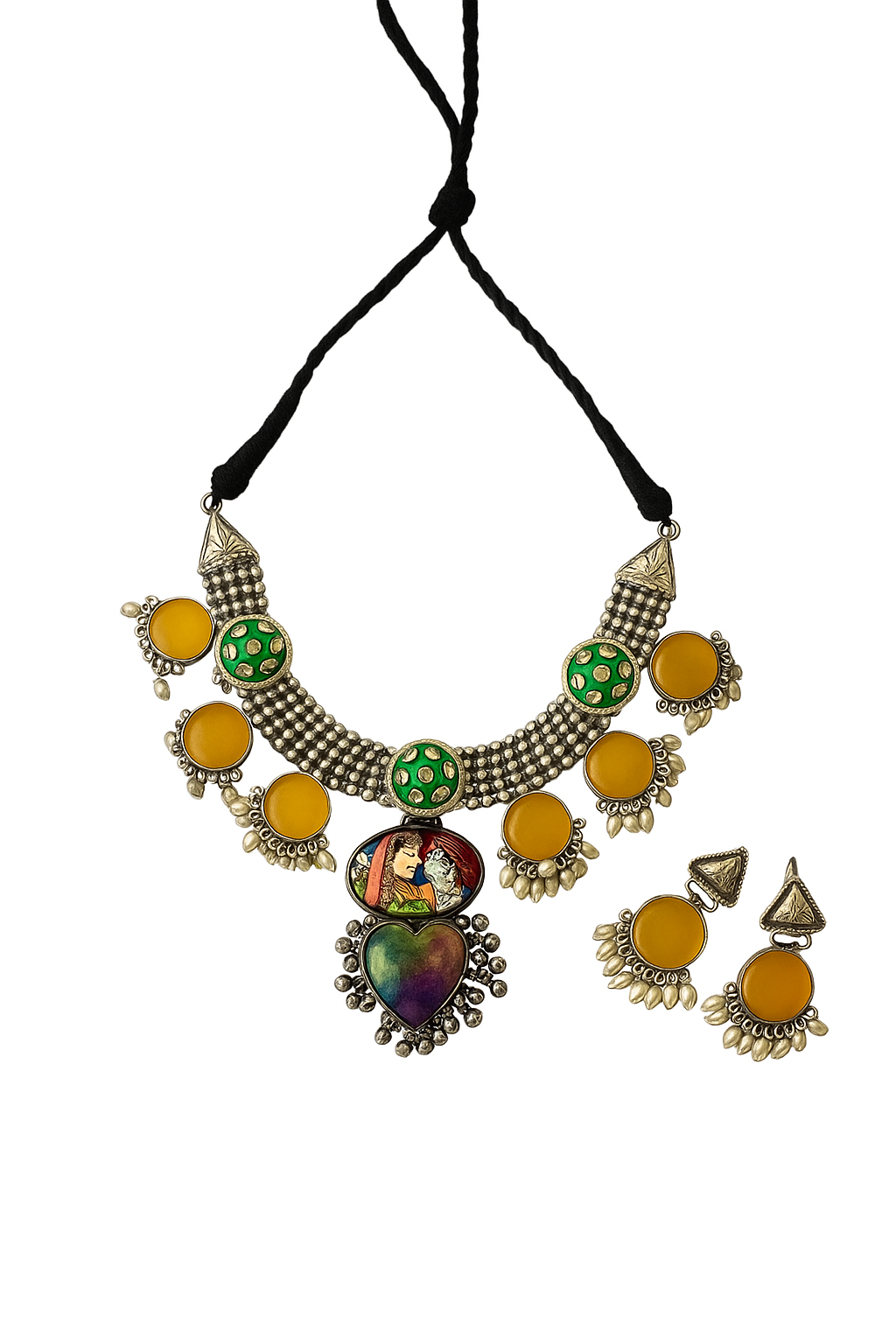 Silver-Toned Yellow & Green Stone Necklace Set